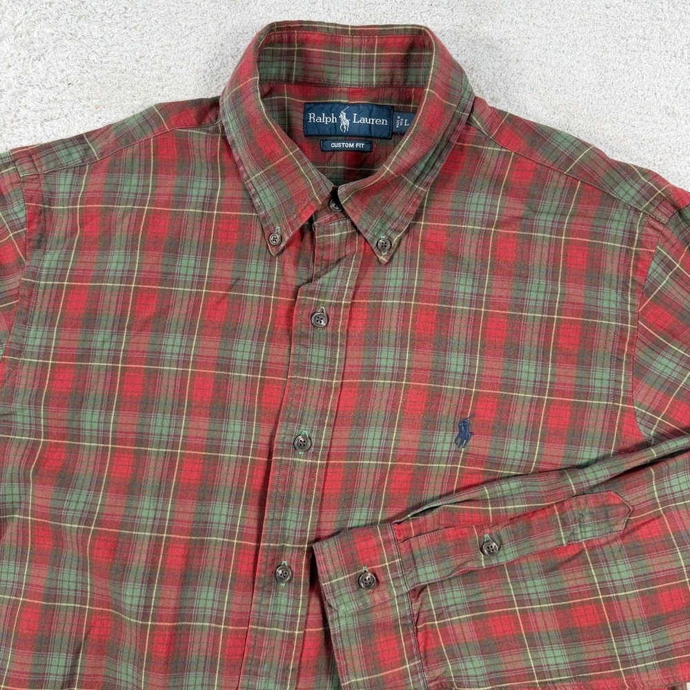 Polo Ralph Lauren Shirt Mens Large Red Green Plaid Custom Fit Button Down Pony
